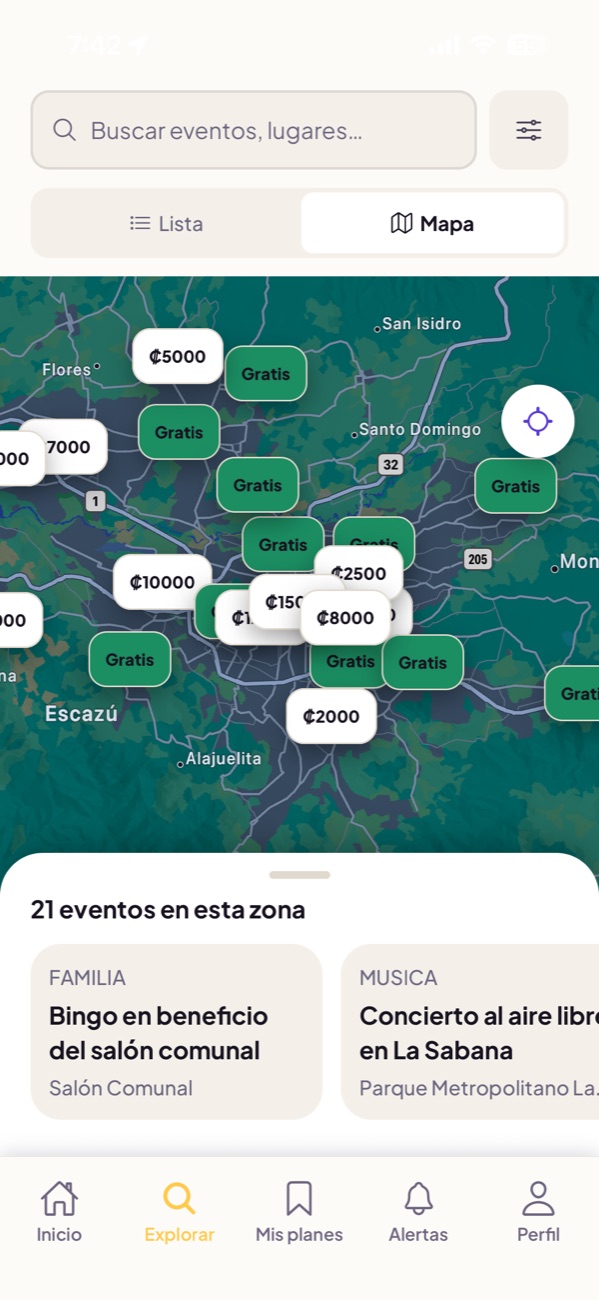 Mapa de Enfiestados con los eventos cercanos y su precio