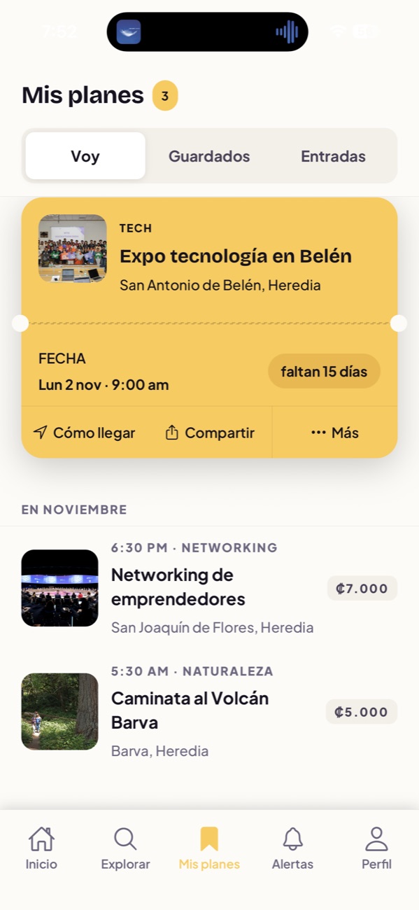 Pantalla Mis planes de Enfiestados, con la entrada de un evento guardado